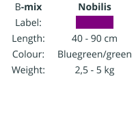 B-mix Label: Length: Colour: Weight:   Nobilis IIIIIIIIIIII 40 - 90 cm Bluegreen/green 2,5 - 5 kg