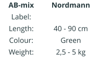 Nordmann IIIIIIIIIIII  40 - 90 cm Green 2,5 - 5 kg AB-mix Label: Length: Colour: Weight: